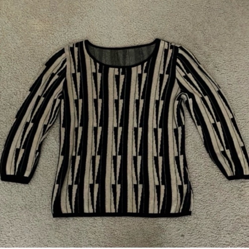 Retro knit sweater, geometric, cozy soft stretchy warm, wide scoop neck